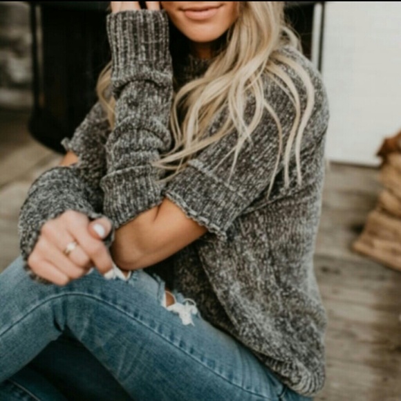 Open Elbow Super Soft Chenille Gray Womens Sweater - Picture 4 of 8